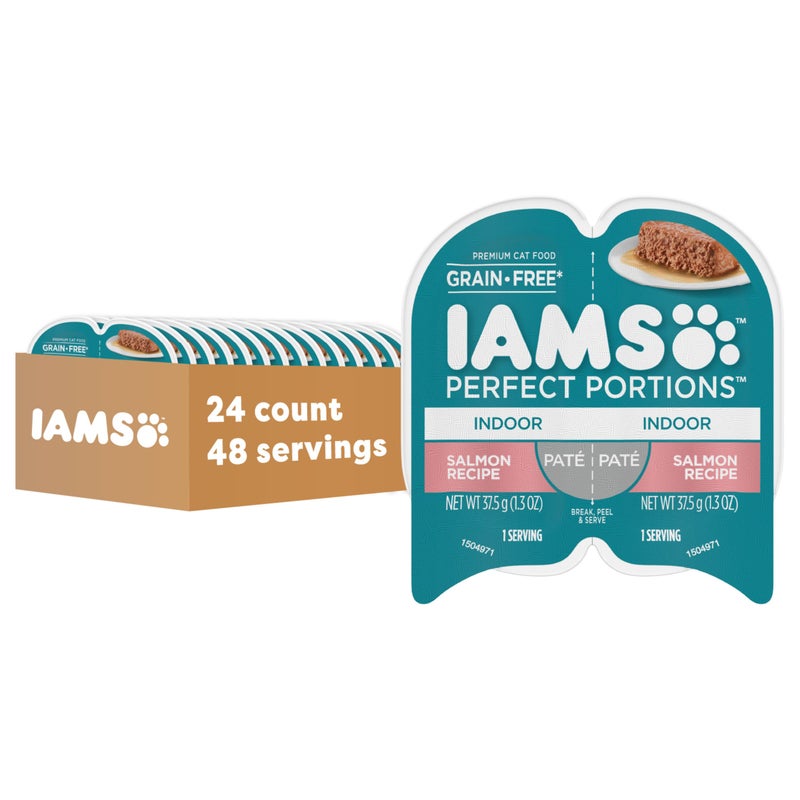 IAMS Perfect Portions Indoor Adult Grain Free Wet Cat Food Pate, Salmon Recipe, 2.6 oz. Easy Peel Twin-Pack Trays (24 Count, 48 Servings) - Image 1